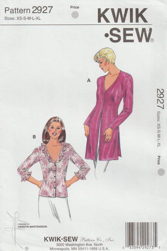 Patrón de costura agotado para blusa y túnica con cuello en V para mujer Kwik Sew 2927, talla XS a XL, sin cortar, doblado de fábrica