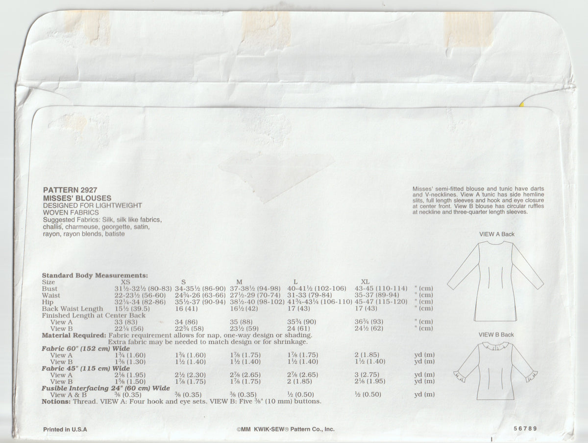 Patrón de costura agotado para blusa y túnica con cuello en V para mujer Kwik Sew 2927, talla XS a XL, sin cortar, doblado de fábrica