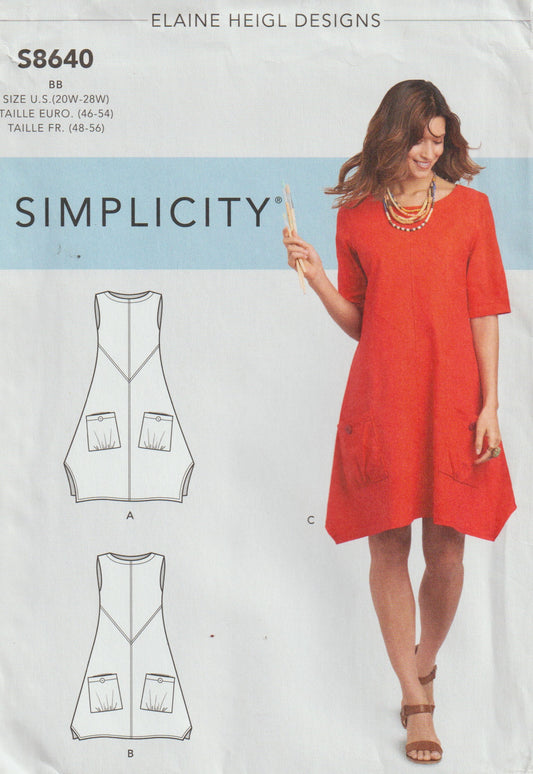 Simplicity 8640 ELAINE HEIGL Womens Wedge Shaped Dress with Pockets Out Of Print Paper Sewing Pattern Sizes 20W - 28W UNCUT Factory Folded
