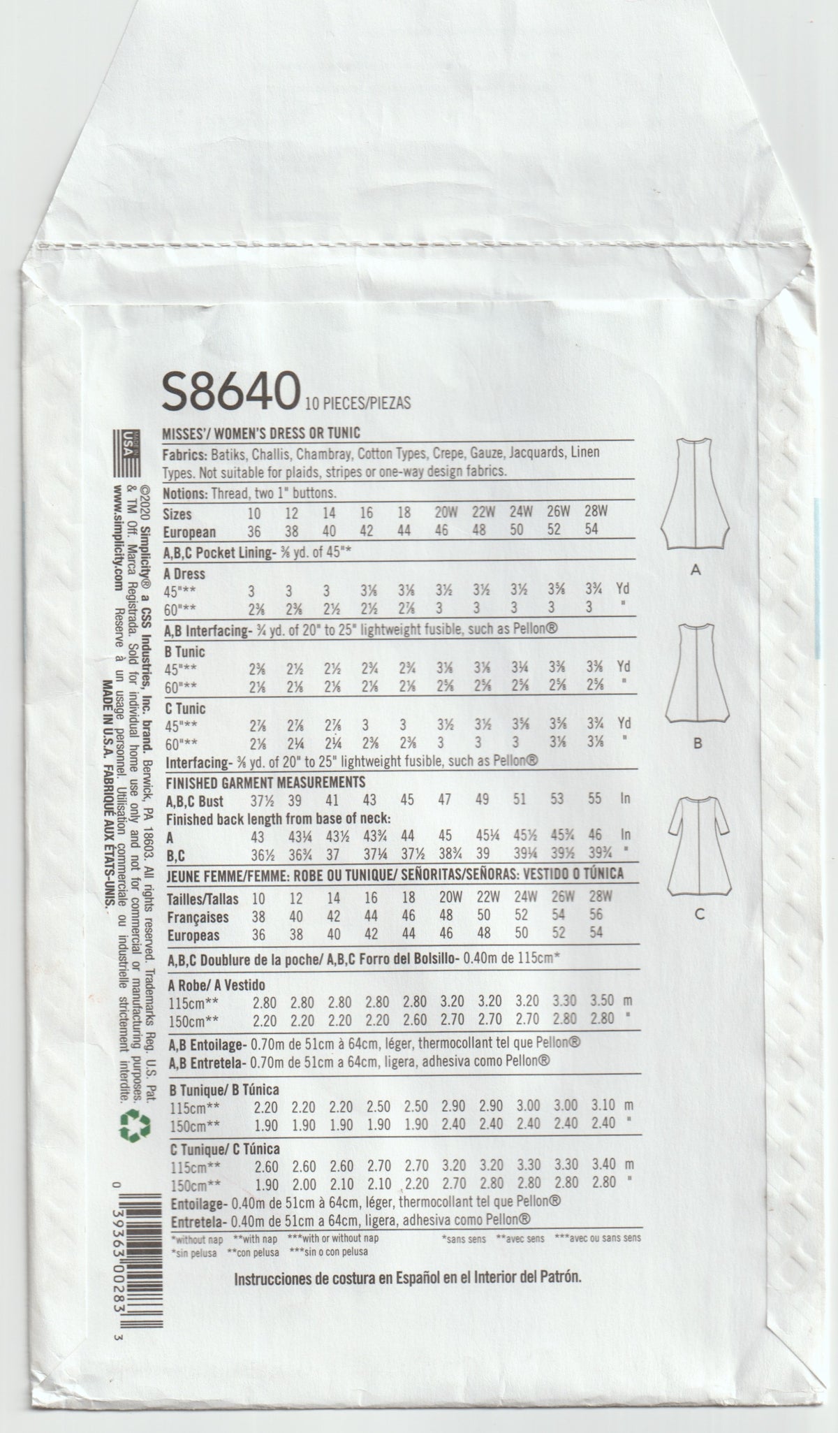 Simplicity 8640 ELAINE HEIGL Womens Wedge Shaped Dress with Pockets Out Of Print Paper Sewing Pattern Sizes 20W - 28W UNCUT Factory Folded