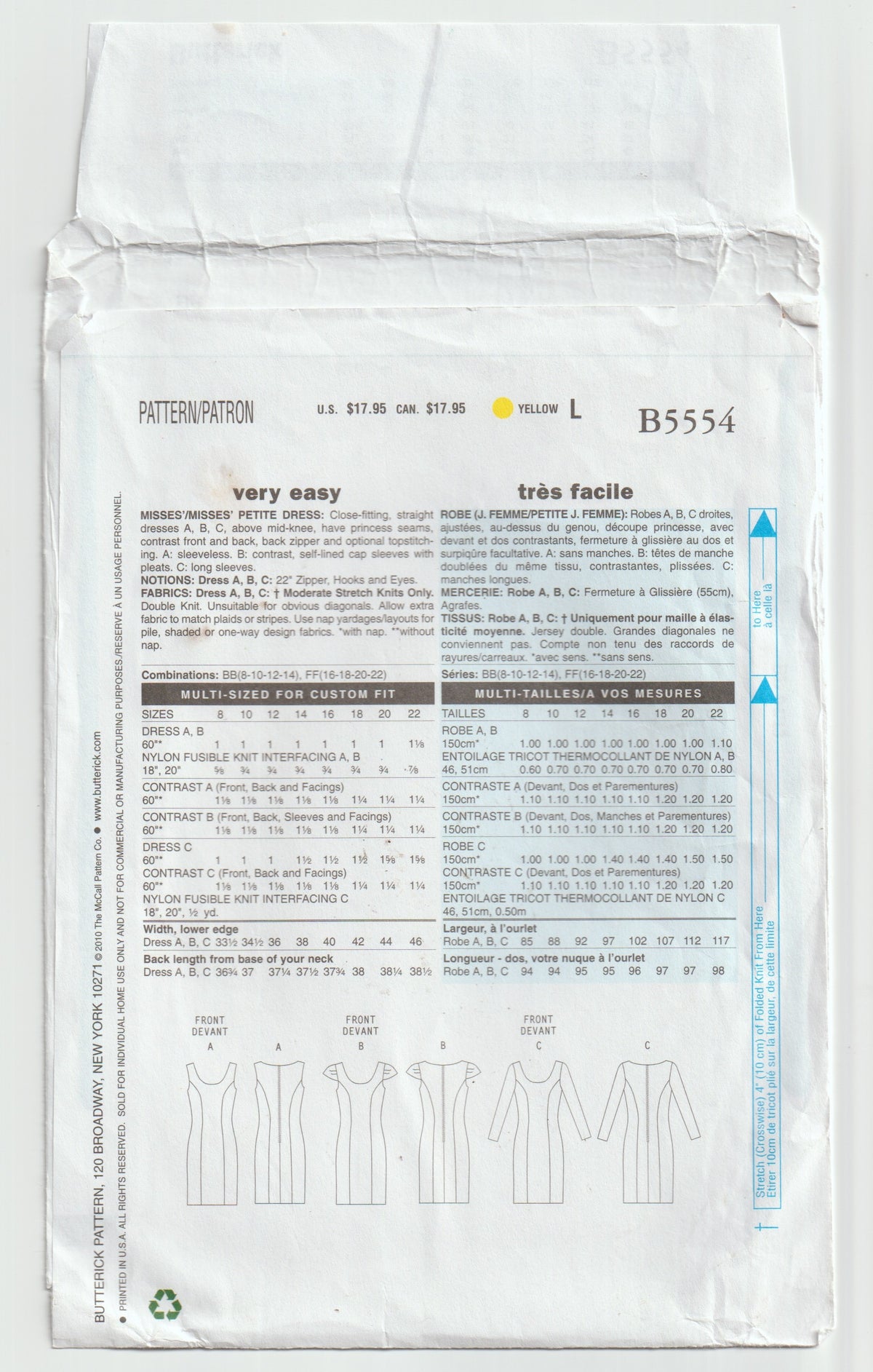 Butterick 5554 Womens Stretch Knit Colour Block Dress Out Of Print Paper Sewing Pattern Sizes 16 - 22 UNCUT Factory Folded