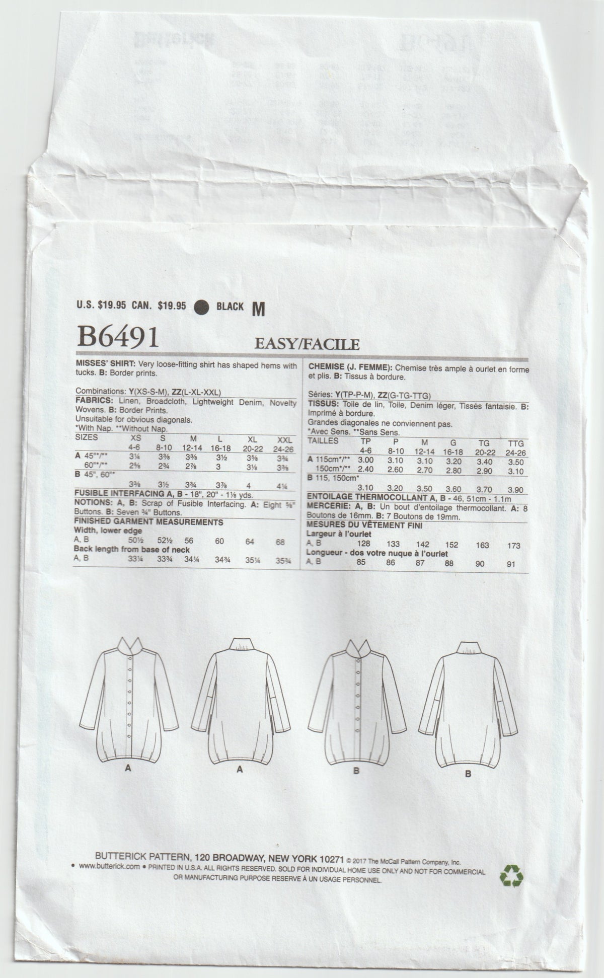 Butterick 6491 KATHERINE TILTON Womens Long Tucked Front Shirts with Stand Collar & Shaped Hem Out Of Print Paper Sewing Pattern Sizes L-XXL UNCUT Factory Folded