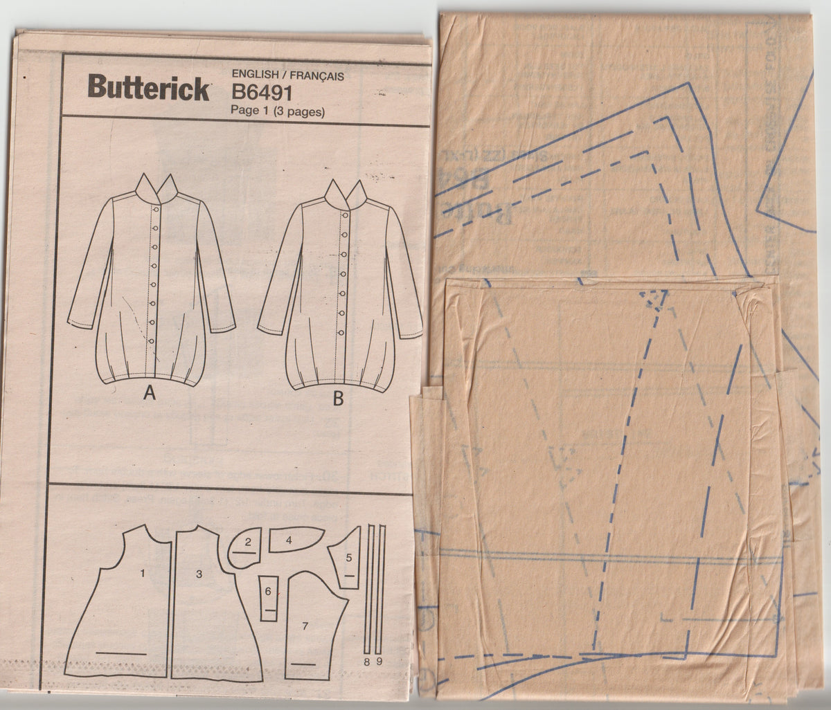 Butterick 6491 KATHERINE TILTON Womens Long Tucked Front Shirts with Stand Collar & Shaped Hem Out Of Print Paper Sewing Pattern Sizes L-XXL UNCUT Factory Folded