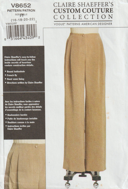 Vogue American Designer 8652 CLAIRE SHAFFER'S Womens Custom Couture Lined Pants Out Of Print Paper Sewing Pattern Size 16 - 22 UNCUT Factory Folded