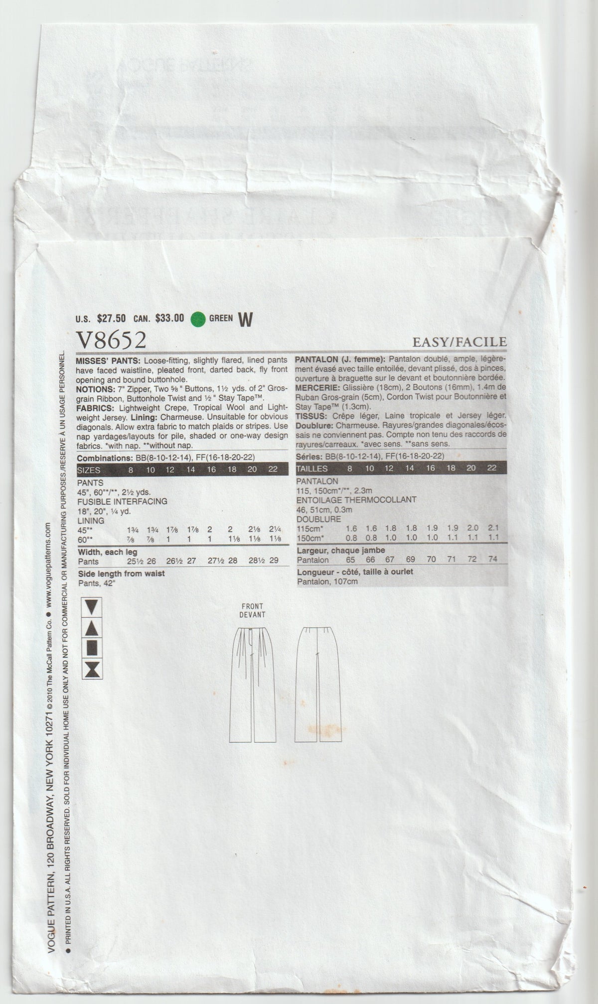 Vogue American Designer 8652 CLAIRE SHAFFER'S Womens Custom Couture Lined Pants Out Of Print Paper Sewing Pattern Size 16 - 22 UNCUT Factory Folded
