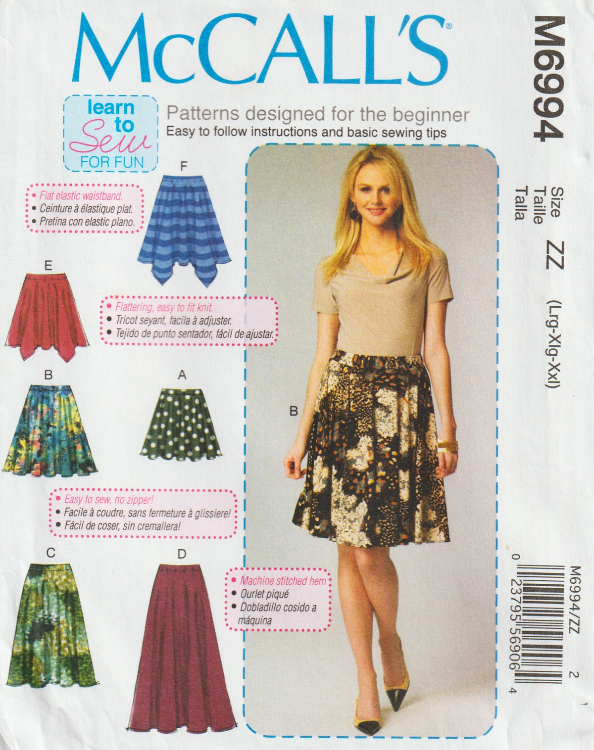 McCall's 6994 Womens Beginner Stretch Knit Flared Skirts Out Of Print Paper Sewing Pattern Sizes L - XXL UNCUT Factory Folded