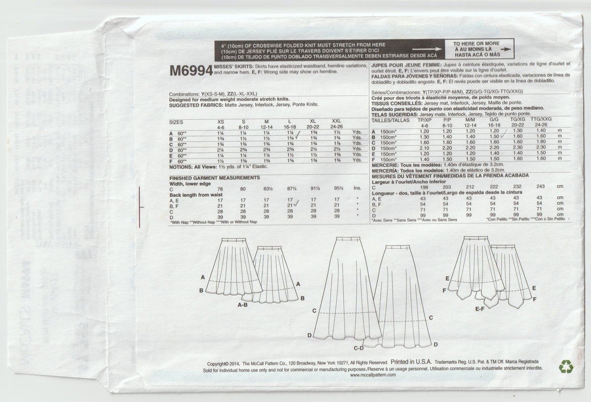 McCall's 6994 Womens Beginner Stretch Knit Flared Skirts Out Of Print Paper Sewing Pattern Sizes L - XXL UNCUT Factory Folded