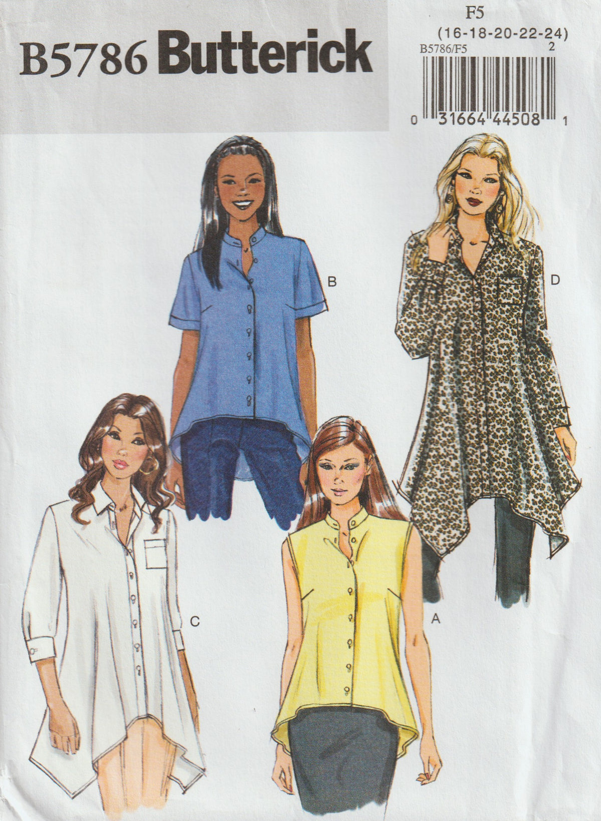 Butterick 5786 Womens Long Shaped Hem Shirts Out Of Print Paper Sewing Pattern Sizes 16 - 24 UNCUT Factory Folded