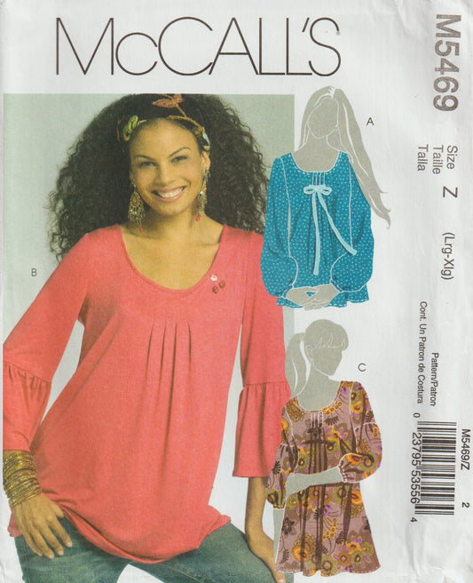 McCall's 5469 Womens Tunic Tops with Front Pleats & Sleeve Variations Out Of Print Paper Sewing Pattern Sizes L - XL UNCUT Factory Folded