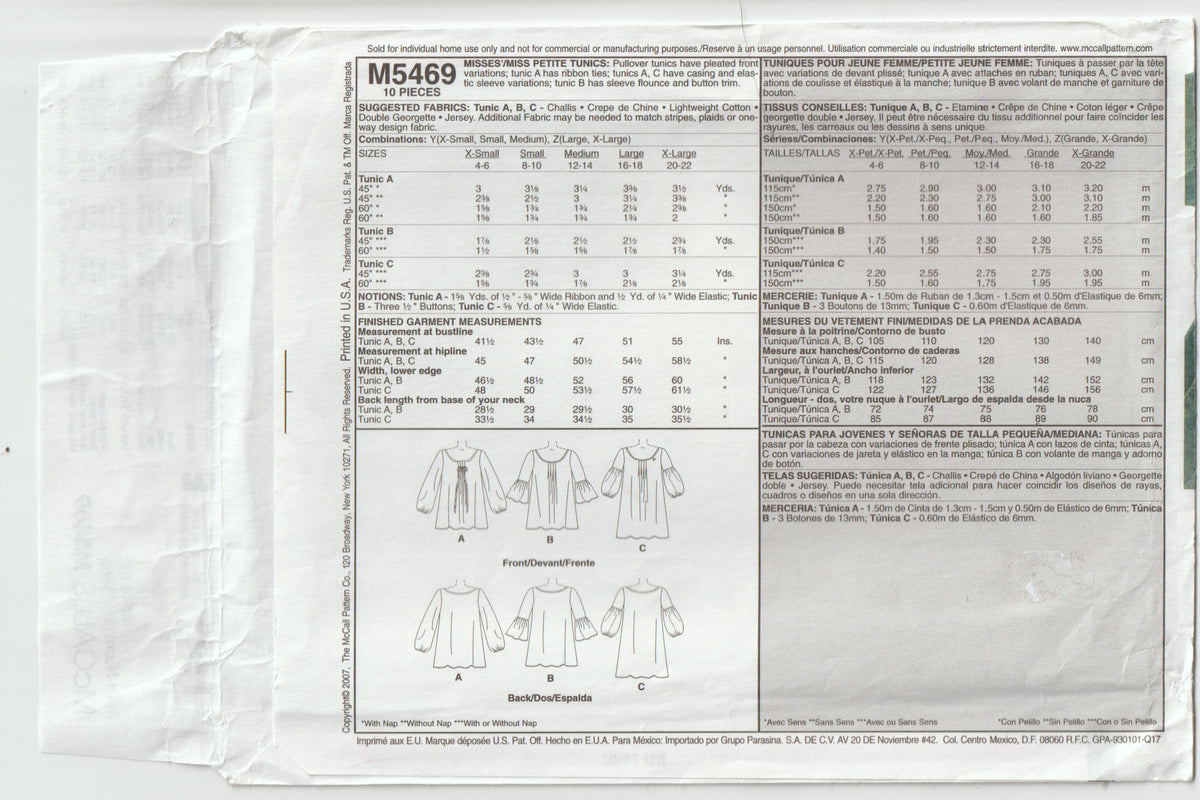 McCall's 5469 Womens Tunic Tops with Front Pleats & Sleeve Variations Out Of Print Paper Sewing Pattern Sizes L - XL UNCUT Factory Folded