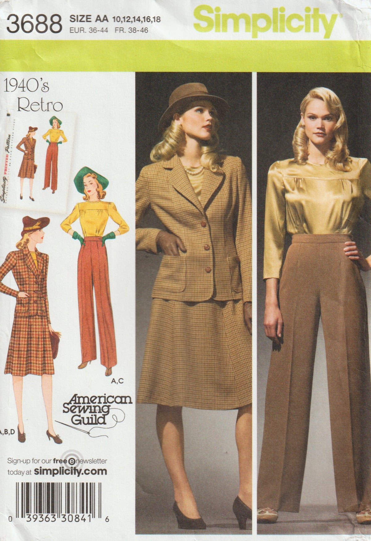 Simplicity 3688 Womens Reissued 1940s Blouse Skirt Pants & Lined Jacket Out Of Print Paper Sewing Pattern Size 10 - 18 UNCUT Factory Folded
