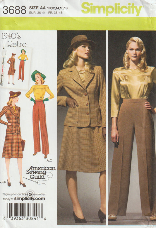 Simplicity 3688 Womens Reissued 1940s Blouse Skirt Pants & Lined Jacket Out Of Print Paper Sewing Pattern Size 10 - 18 UNCUT Factory Folded
