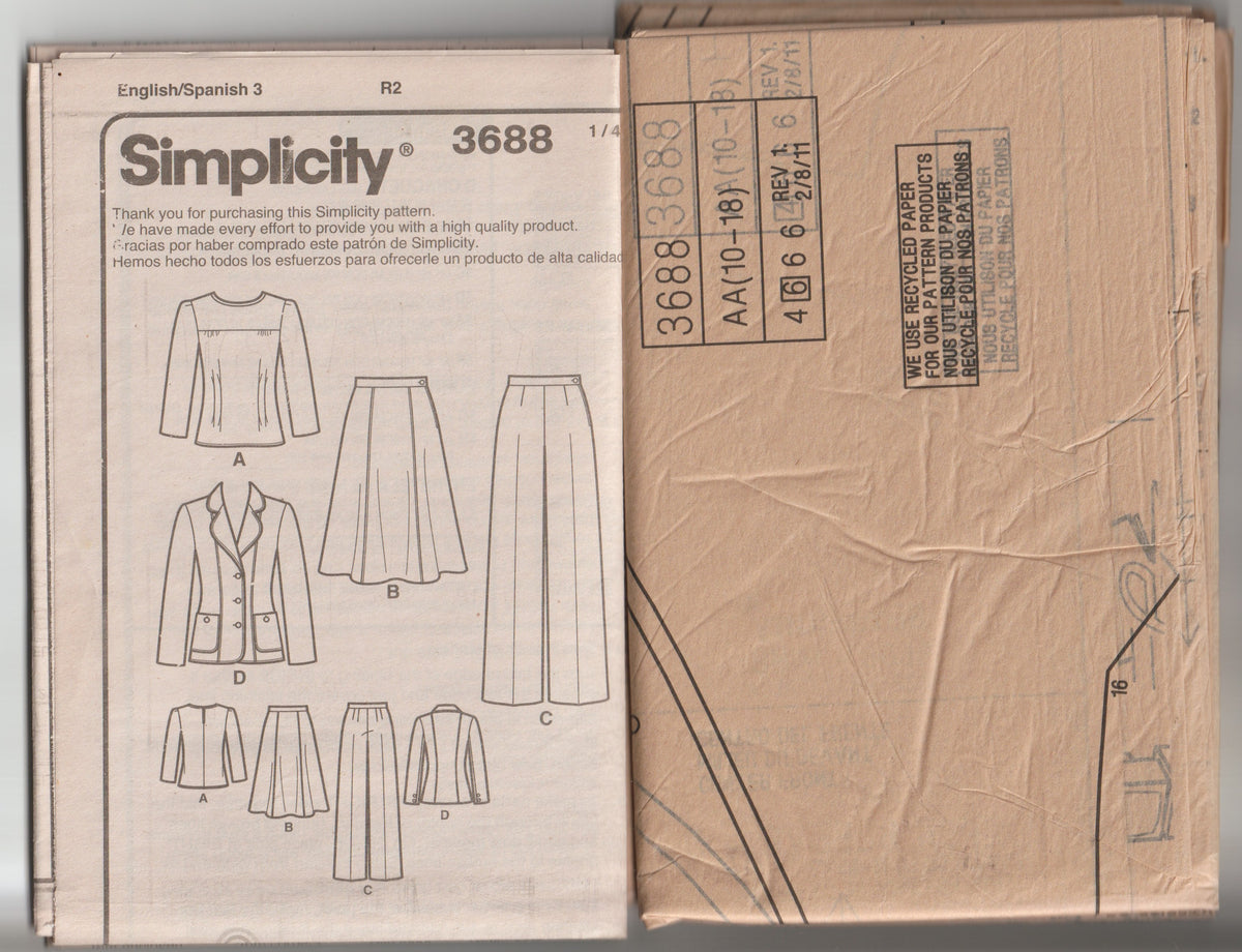 Simplicity 3688 Womens Reissued 1940s Blouse Skirt Pants & Lined Jacket Out Of Print Paper Sewing Pattern Size 10 - 18 UNCUT Factory Folded