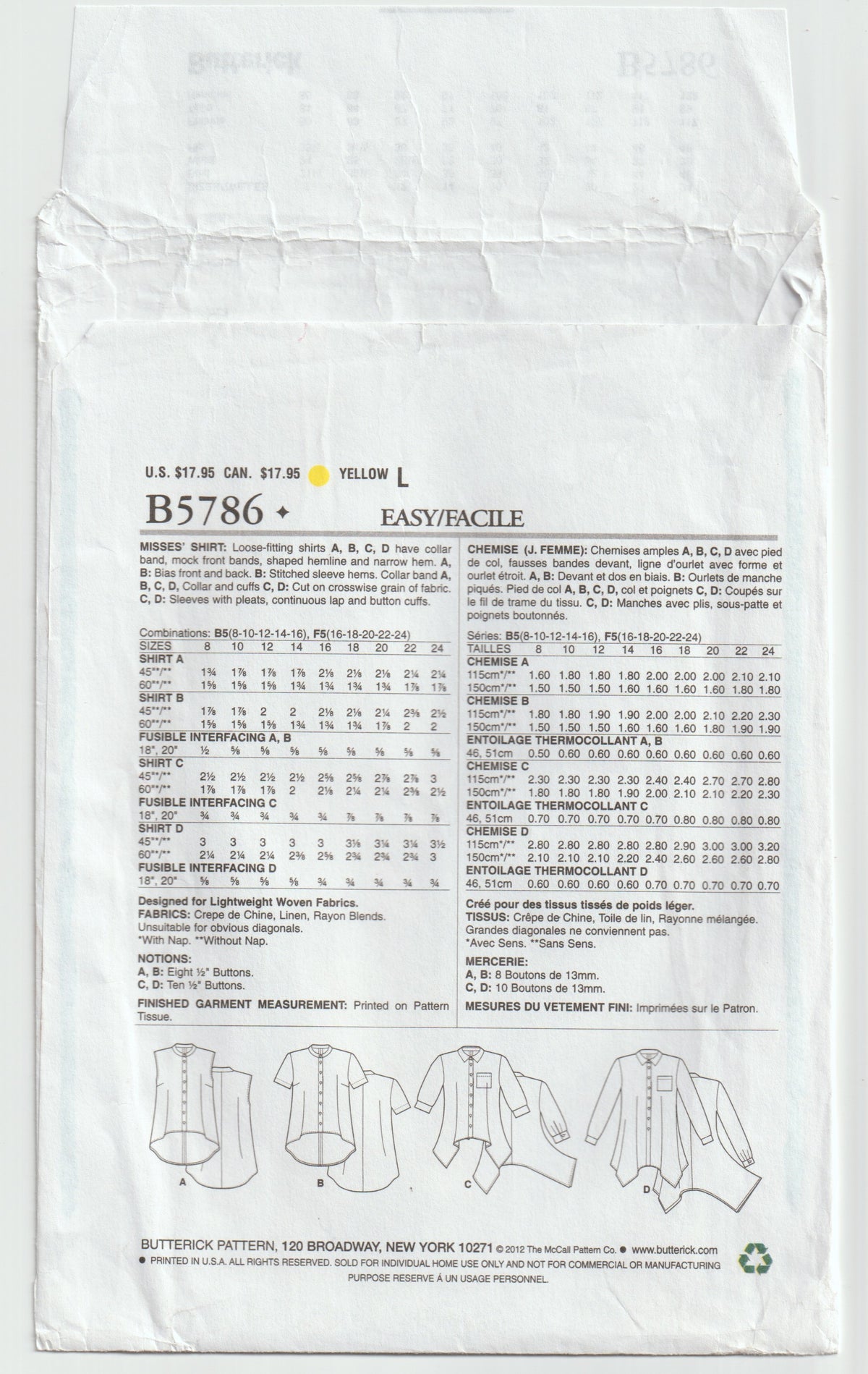 Butterick 5786 Womens Long Shaped Hem Shirts Out Of Print Paper Sewing Pattern Sizes 16 - 24 UNCUT Factory Folded