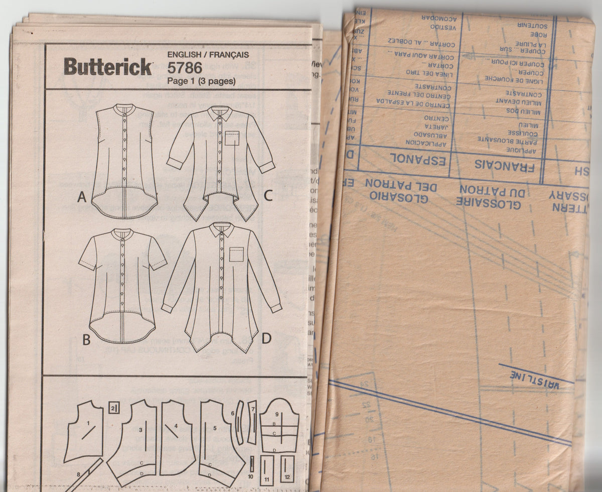 Butterick 5786 Womens Long Shaped Hem Shirts Out Of Print Paper Sewing Pattern Sizes 16 - 24 UNCUT Factory Folded
