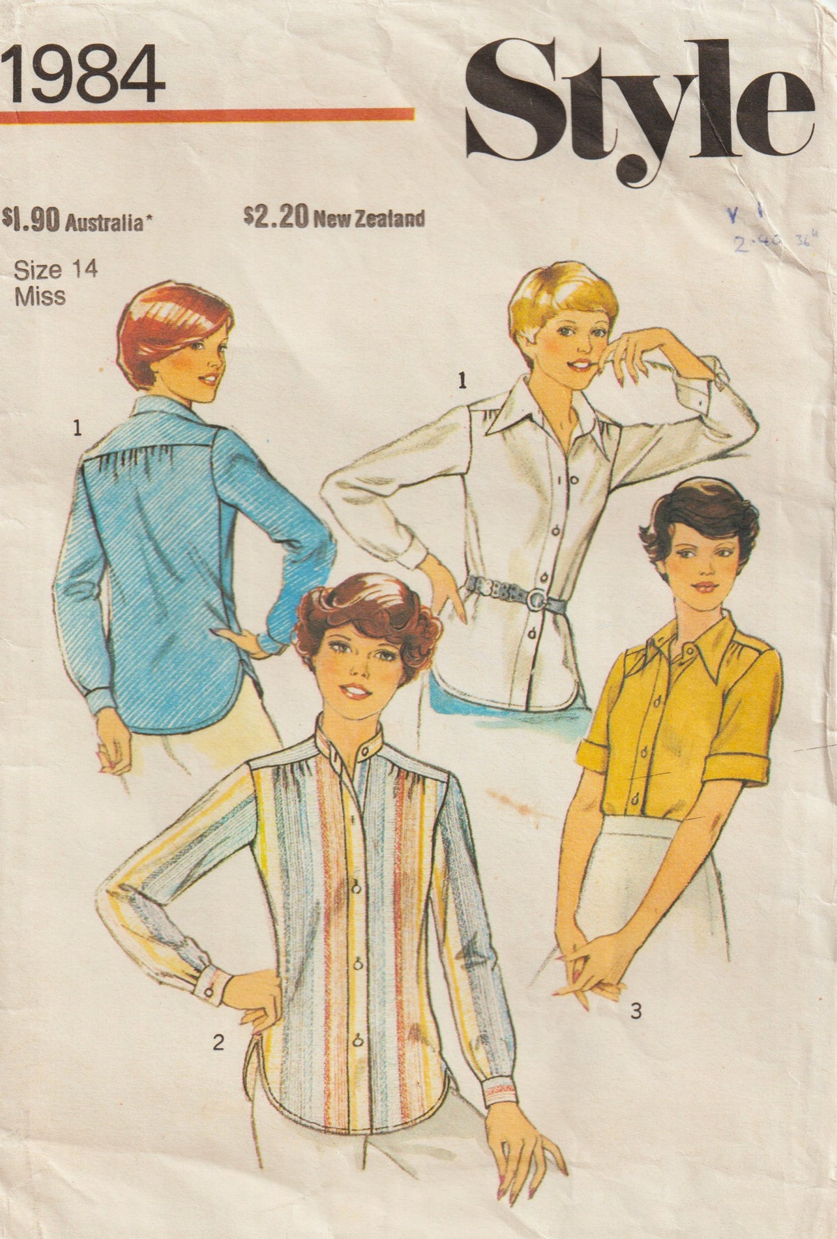 Style 1984 Womens Classic Button Front Shirts 1970s Vintage Paper Sewing Pattern Size 14 Bust 36 Inches