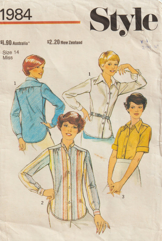 Style 1984 Womens Classic Button Front Shirts 1970s Vintage Paper Sewing Pattern Size 14 Bust 36 Inches