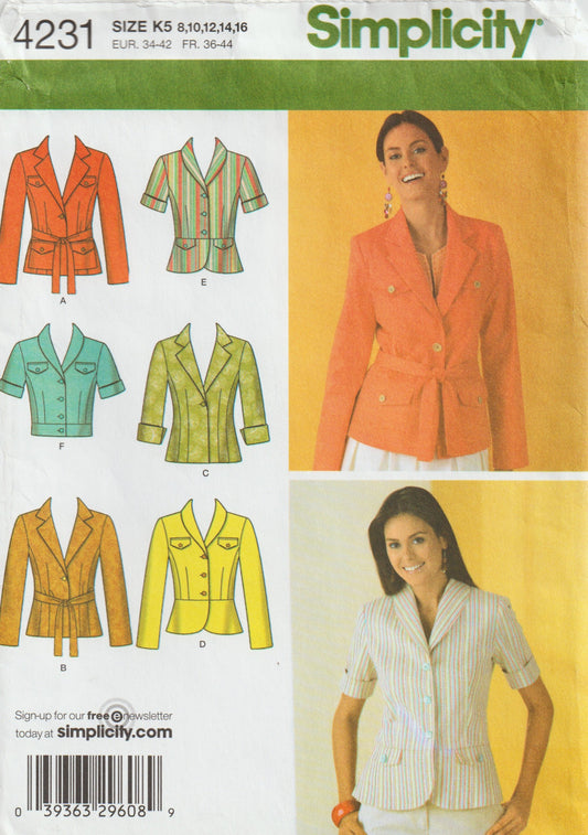 Simplicity 4231 Womens Fitted Jacket with Length & Collar Variations Out Of Print Paper Sewing Pattern Size 8 - 16 UNCUT Factory Folded