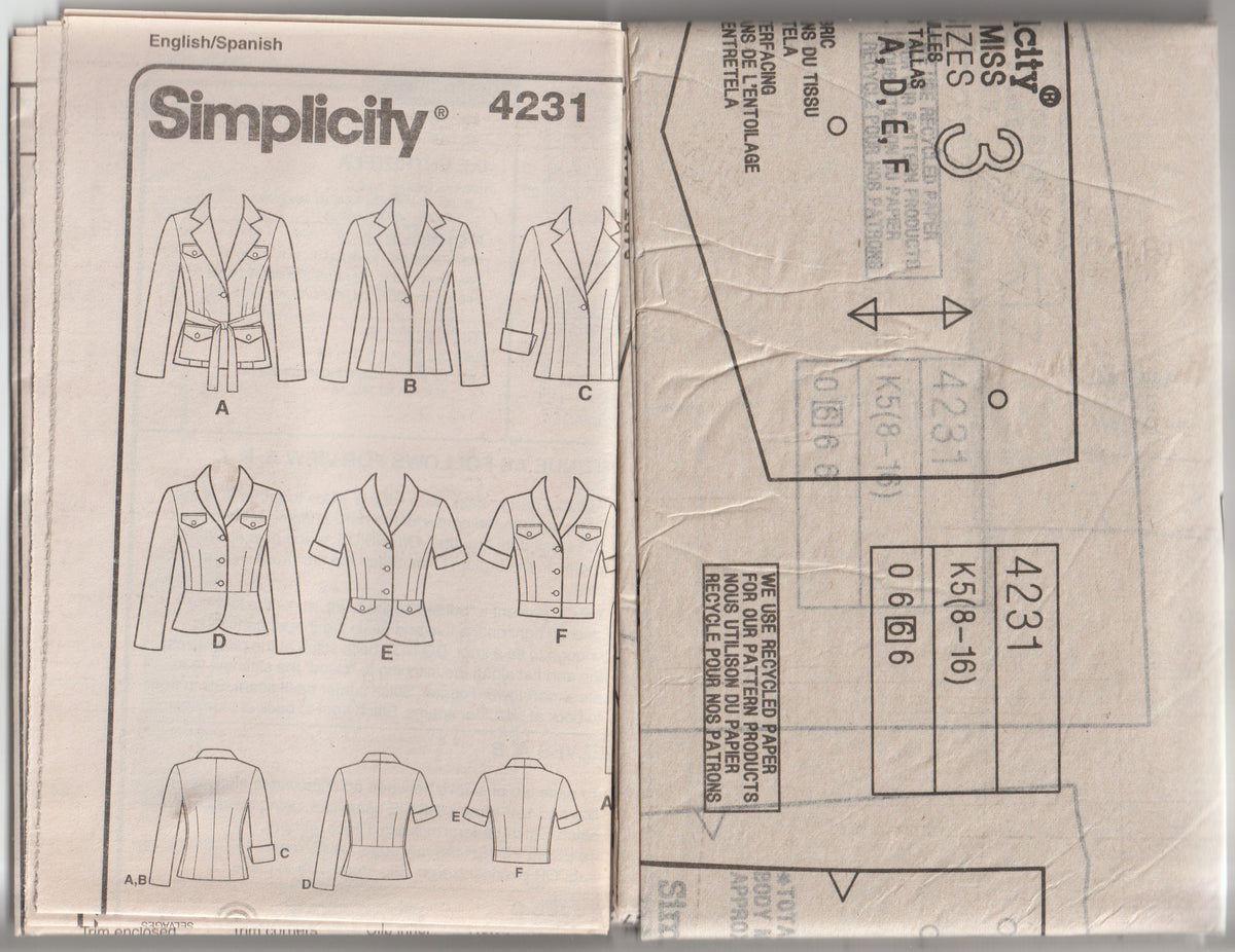 Simplicity 4231 Womens Fitted Jacket with Length & Collar Variations Out Of Print Paper Sewing Pattern Size 8 - 16 UNCUT Factory Folded