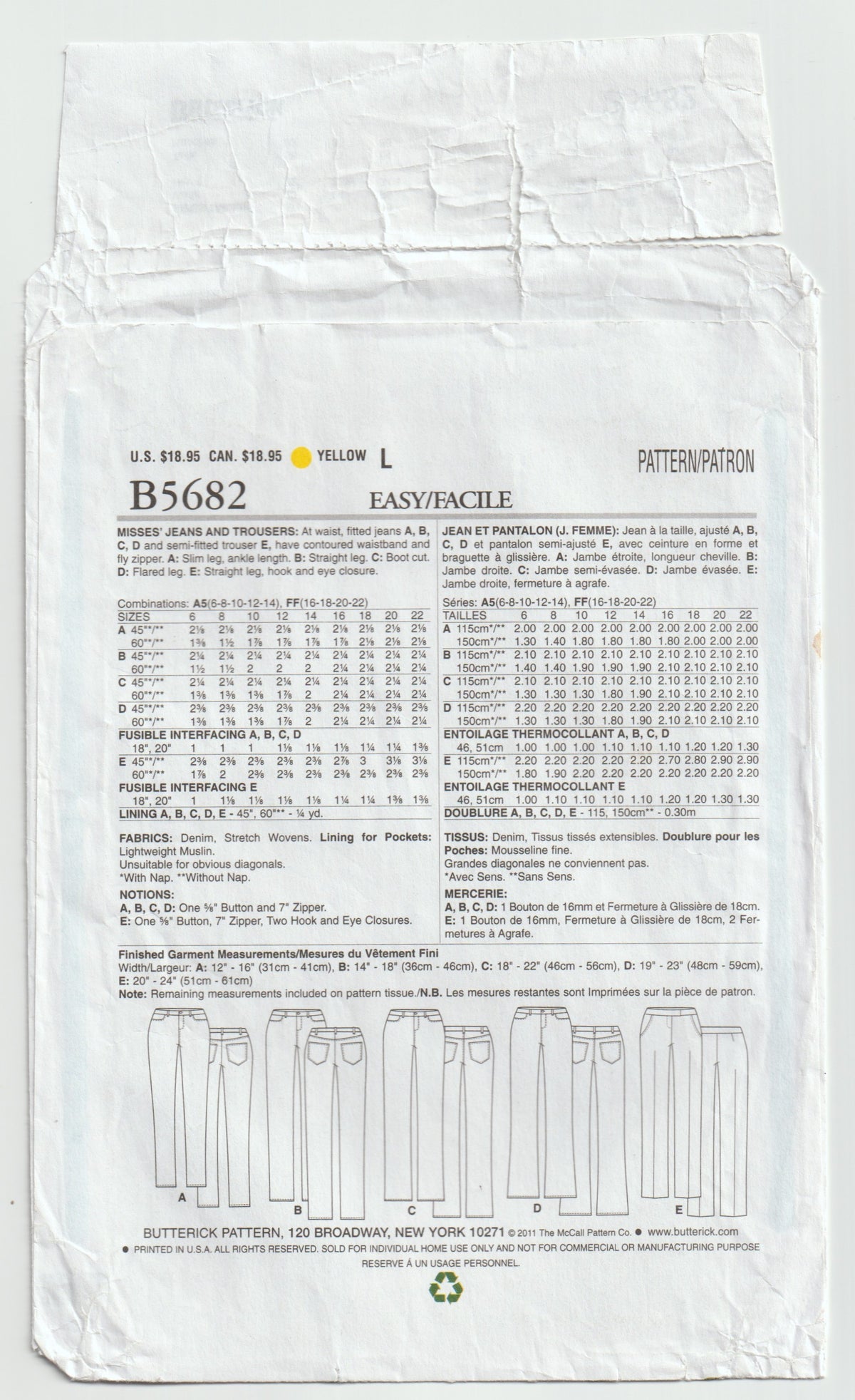 Butterick 5682 Womens Jeans in 5 Styles Out Of Print Paper Sewing Pattern Sizes 16 - 22 UNCUT Factory Folded