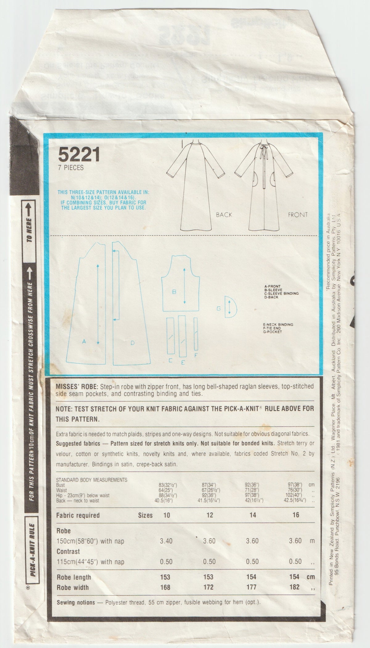 Simplicity 5221 Womens Stretch Knit Zip Front Robe 1980s Vintage Paper Sewing Pattern Size 12 - 16