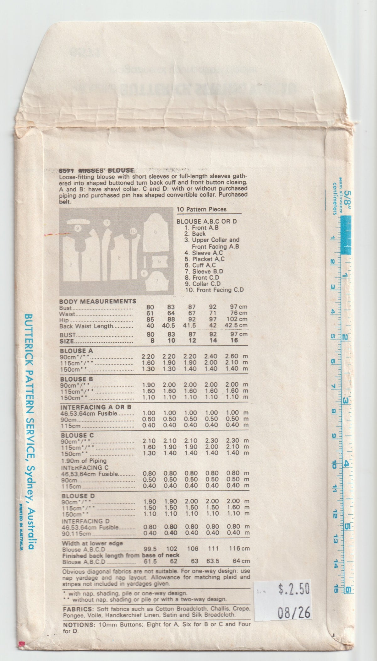 Butterick 6571 Womens Classic Button Front Blouses 1980s Vintage Paper Sewing Pattern Size 12 Bust 34 inches