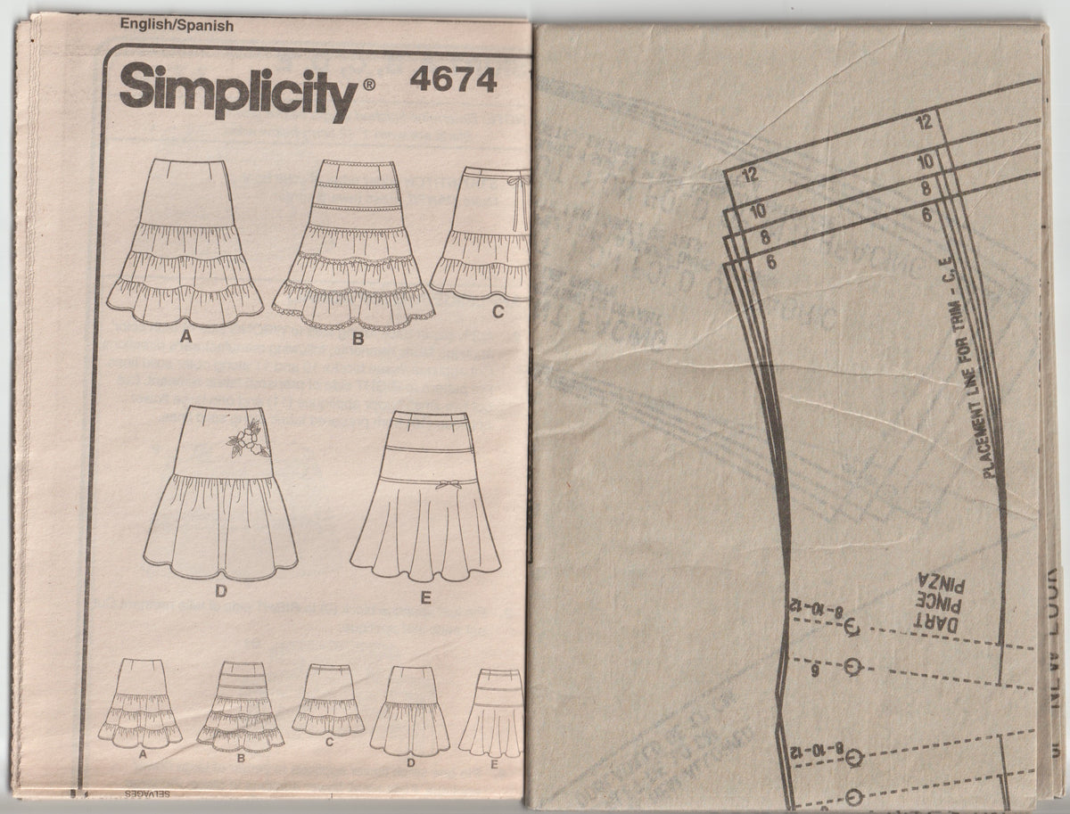 Patrón de costura de faldas casuales con volantes para mujer de la colección Simplicity 4674 THREADS, agotado, talla 6-12, sin cortar, doblado de fábrica