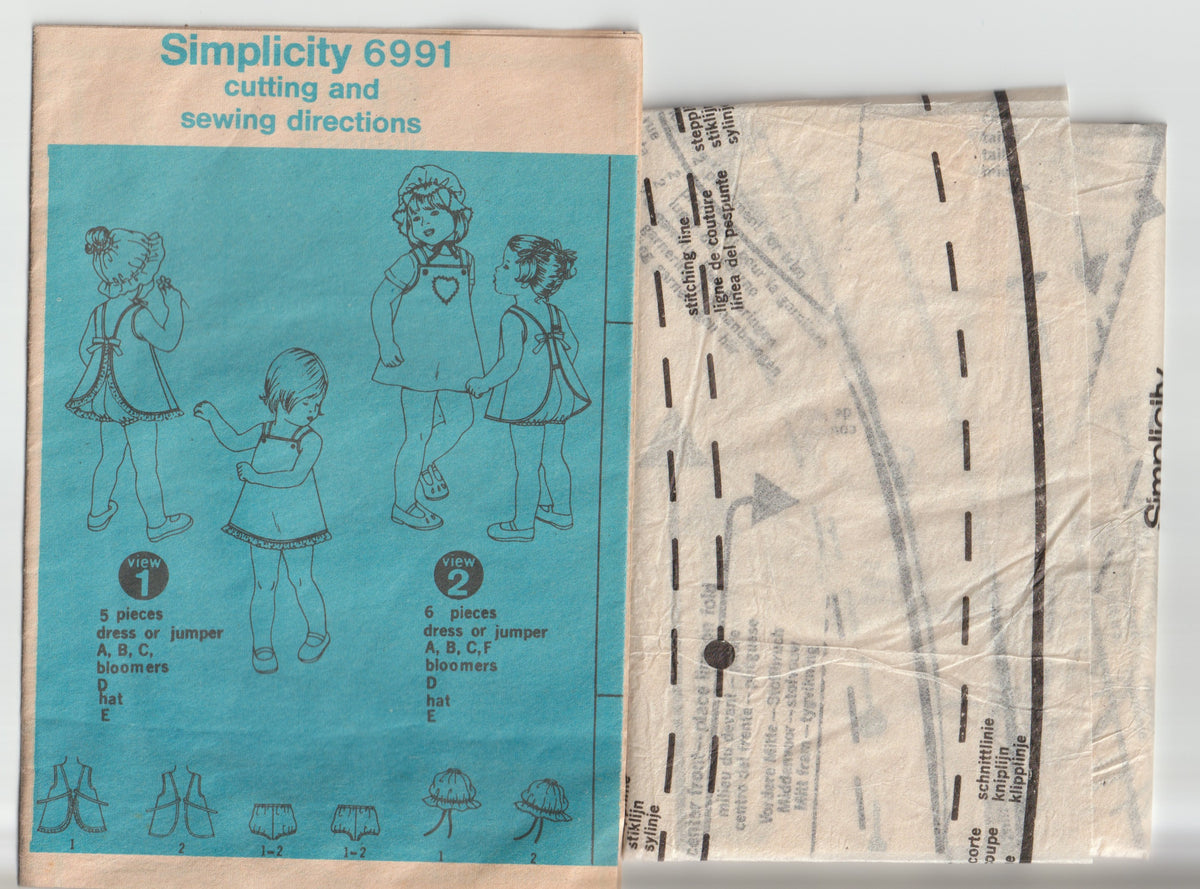 Simplicity 6991 Toddler Girls Dress Bloomers & Hat 1970s Vintage Paper Sewing Pattern Size 2