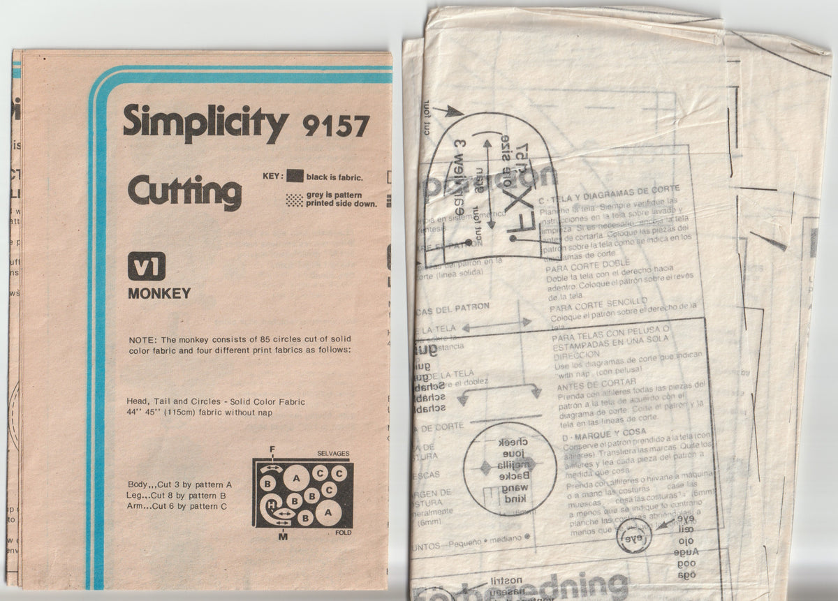 Simplicity 9157 Retro Childrens Soft Toys Monkey Lion & Hippo 1970s Vintage Paper Sewing Pattern UNCUT Factory Folded