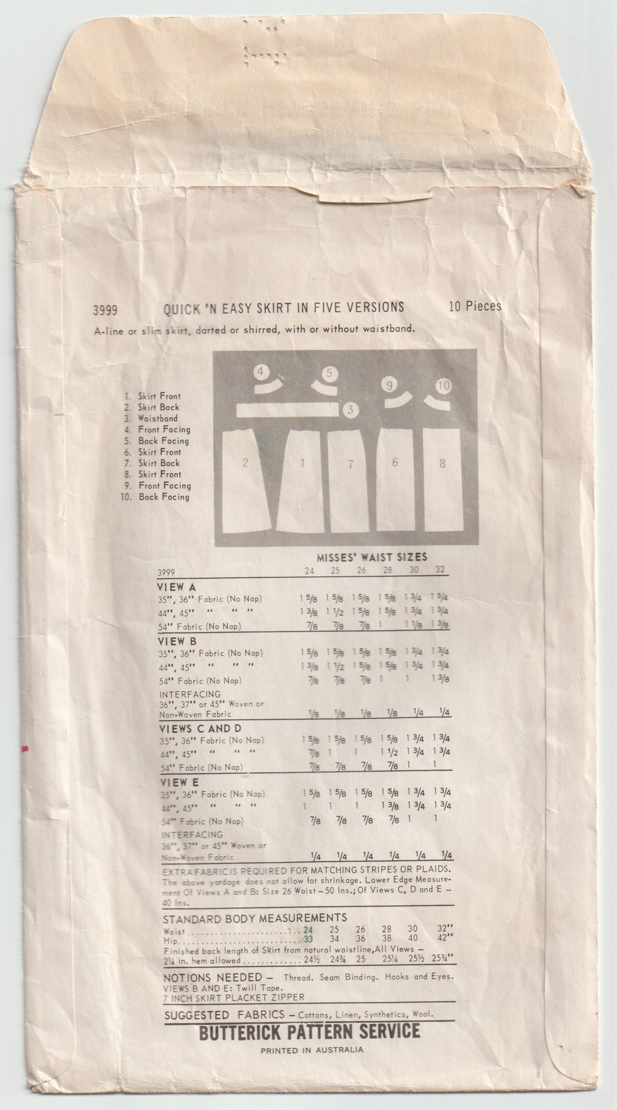 Patrón de costura de falda fácil y rápida para mujer Butterick 3999 en 5 estilos, estilo vintage de los años 60, cintura de 28 pulgadas