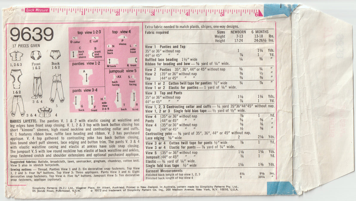 Simplicity 9639 Retro Baby Layette 1970s Vintage Paper Sewing Pattern Size 6 Months