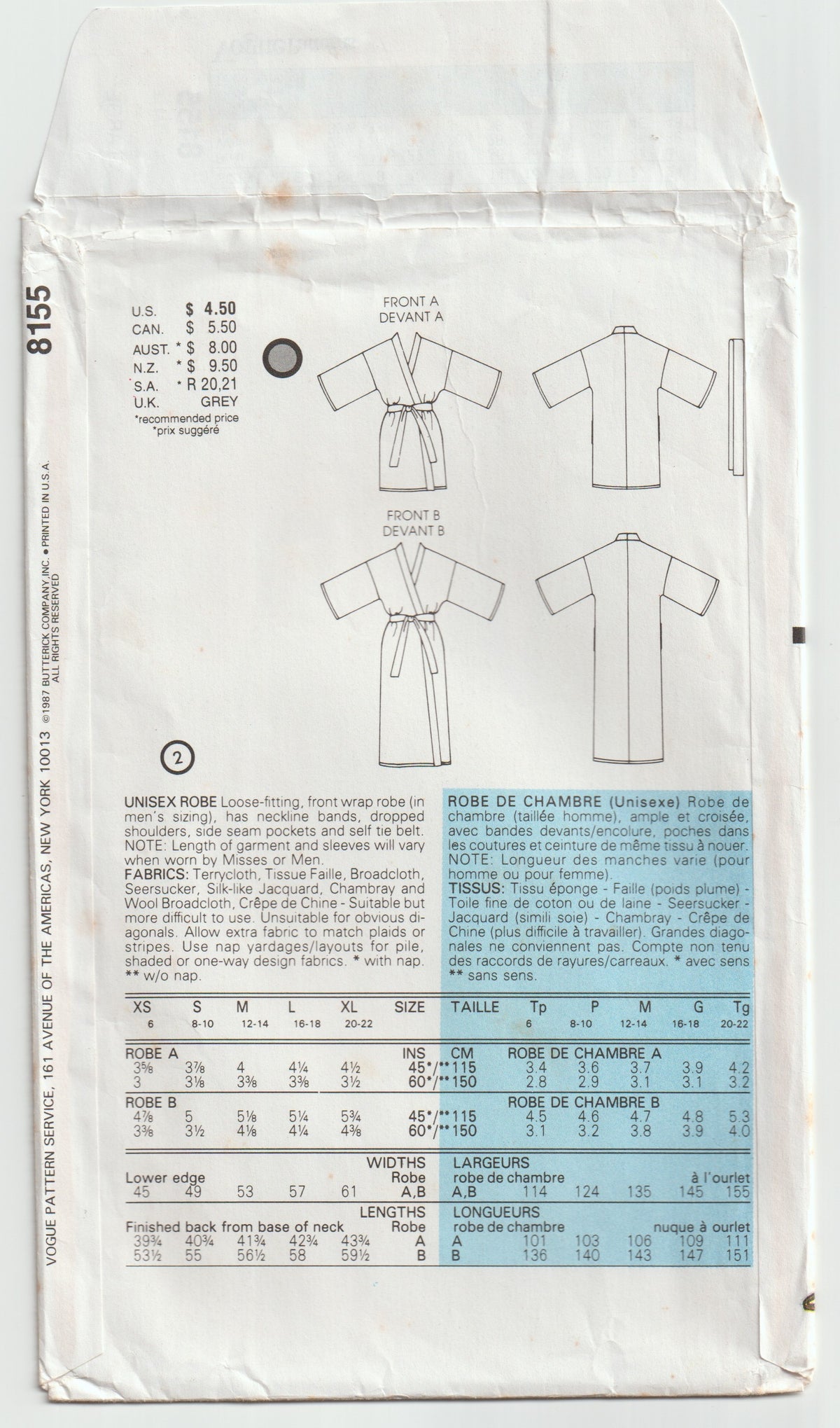 Very Easy Vogue 8155 Mens Womens UNISEX Wrap Robe 1980s Vintage Paper Sewing Pattern Size X LARGE