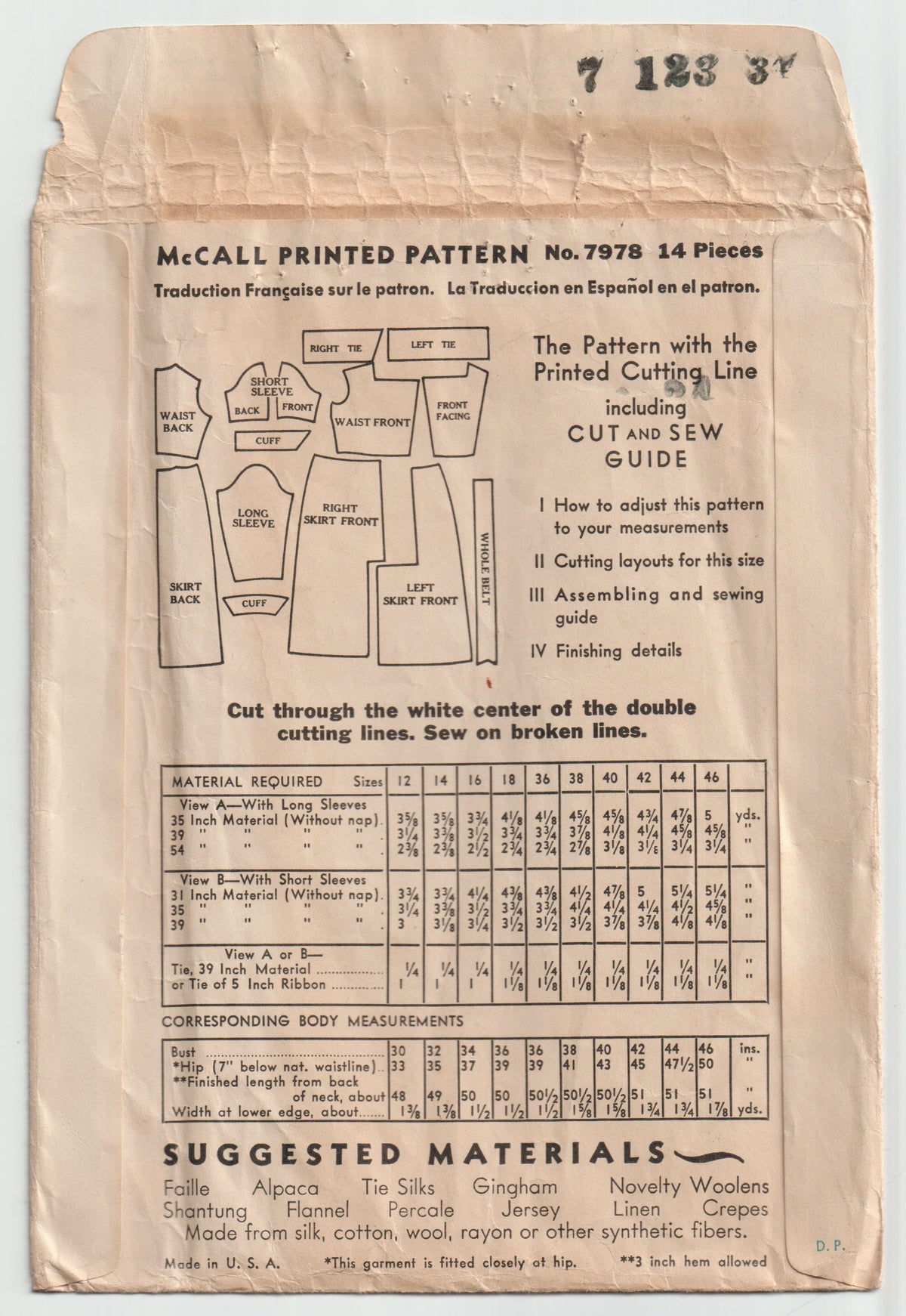 McCall 7978 RARE Womens Slim Art Deco Style Dress with Asymmetric Front Pleats & Shaped Sleeve Cuffs 1930s Vintage Paper Sewing Pattern Bust 38 inches