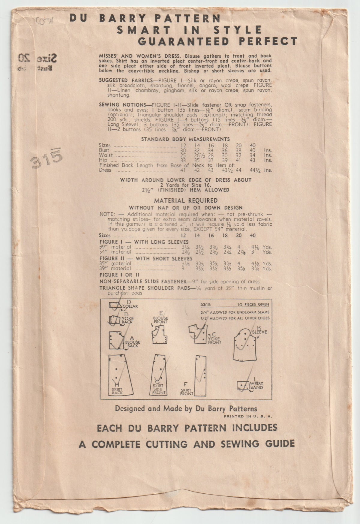 Du Barry 5315 RARE Womens Yoked Shirtdress with Pleated Skirt 1940s Vintage Paper Sewing Pattern Bust 38 Inches UNUSED Factory Folded