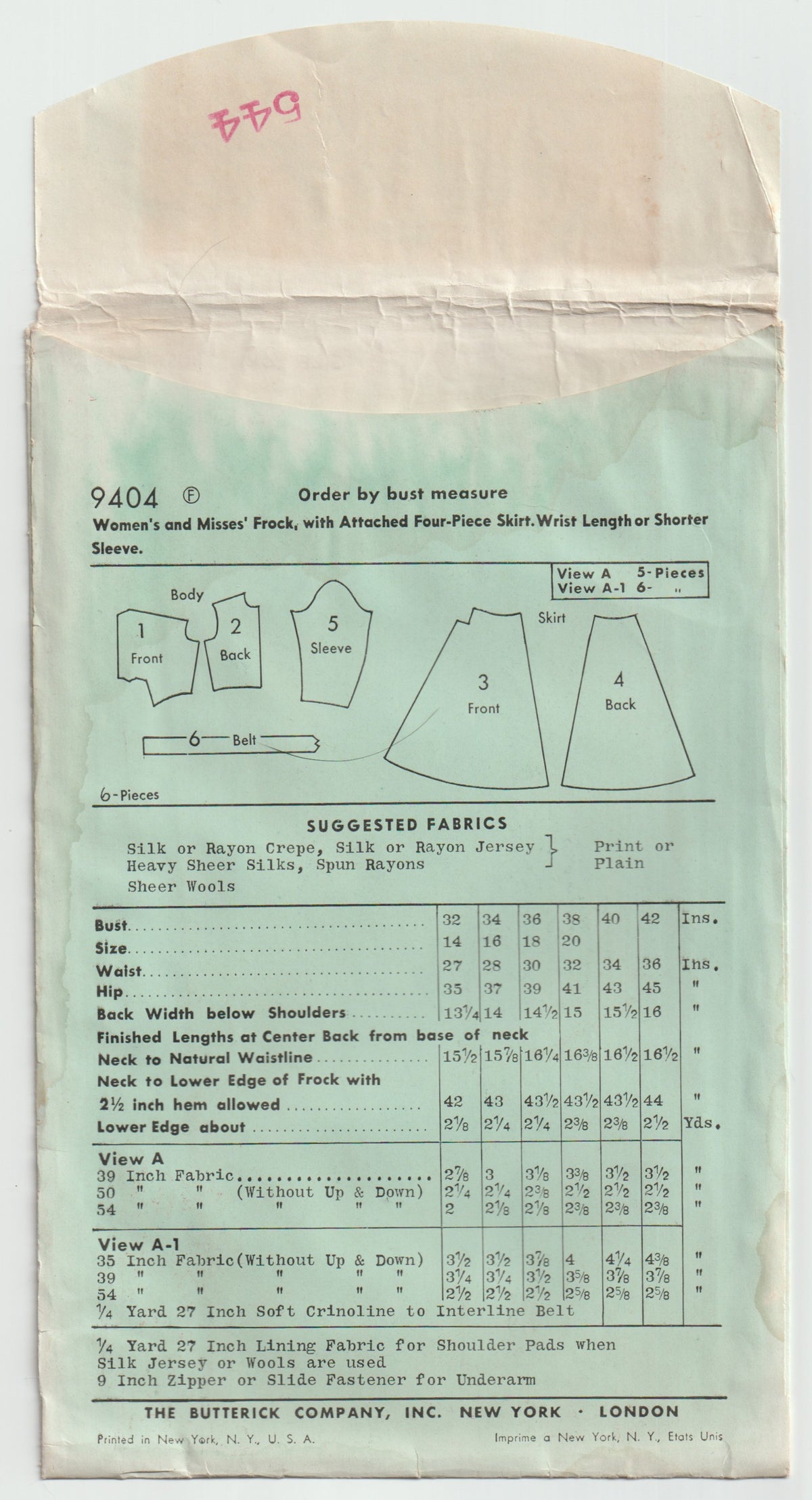 Butterick 9404 Womens Fitted Dress with Gathered Skirt & Bodice 1940s Vintage Paper Sewing Pattern Bust 38 inches UNUSED Factory Folded