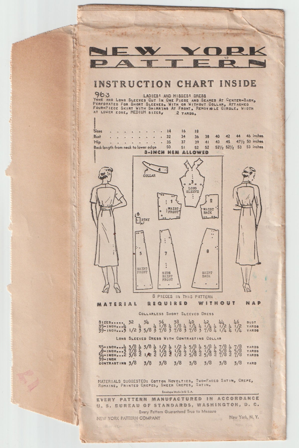 New York 963 RARE Womens Yoked Dress with Front Shirred Skirt 1930s Vintage Paper Sewing Pattern Bust 40 inches UNUSED Factory Folded