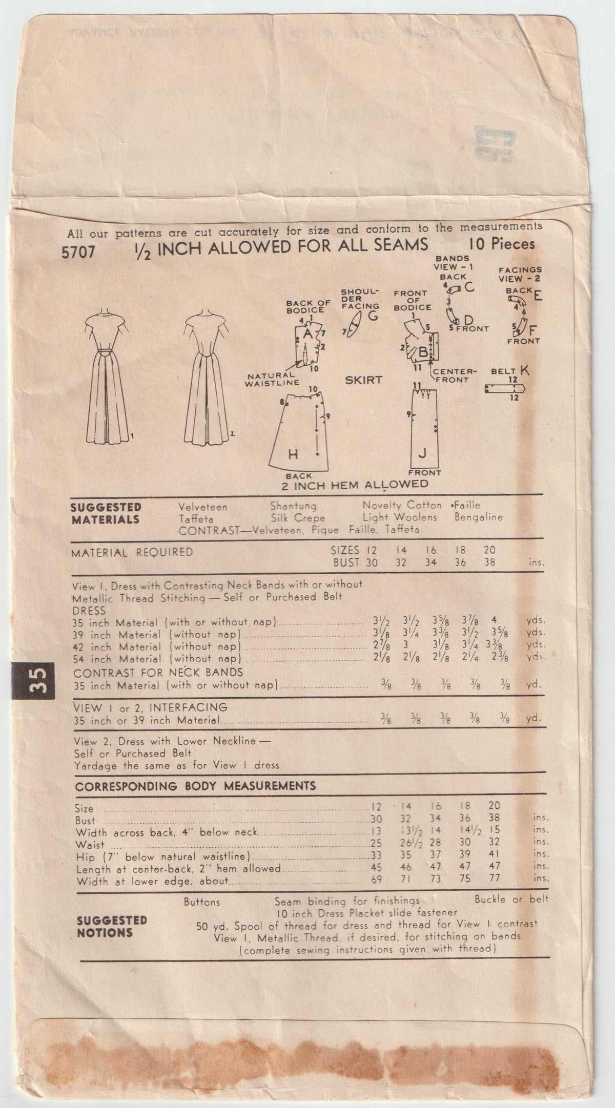 Advance 5707 Womens Shaped Bodice Sheath Dress 1950s Vintage Paper Sewing Pattern Bust 38 Inches UNUSED Factory Folded
