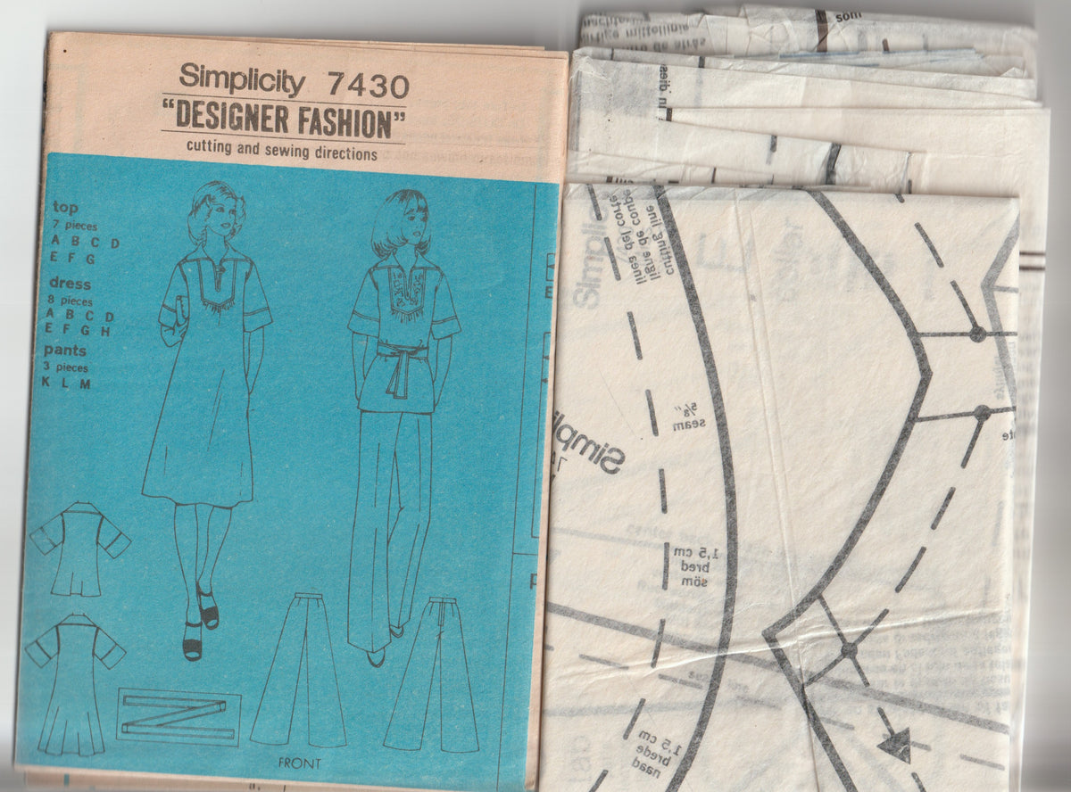Simplicity 7430 Womens Hippie Style Caftan Top Dress & Pants 1970s Vintage Paper Sewing Pattern Size 8 Bust 31.5 inches