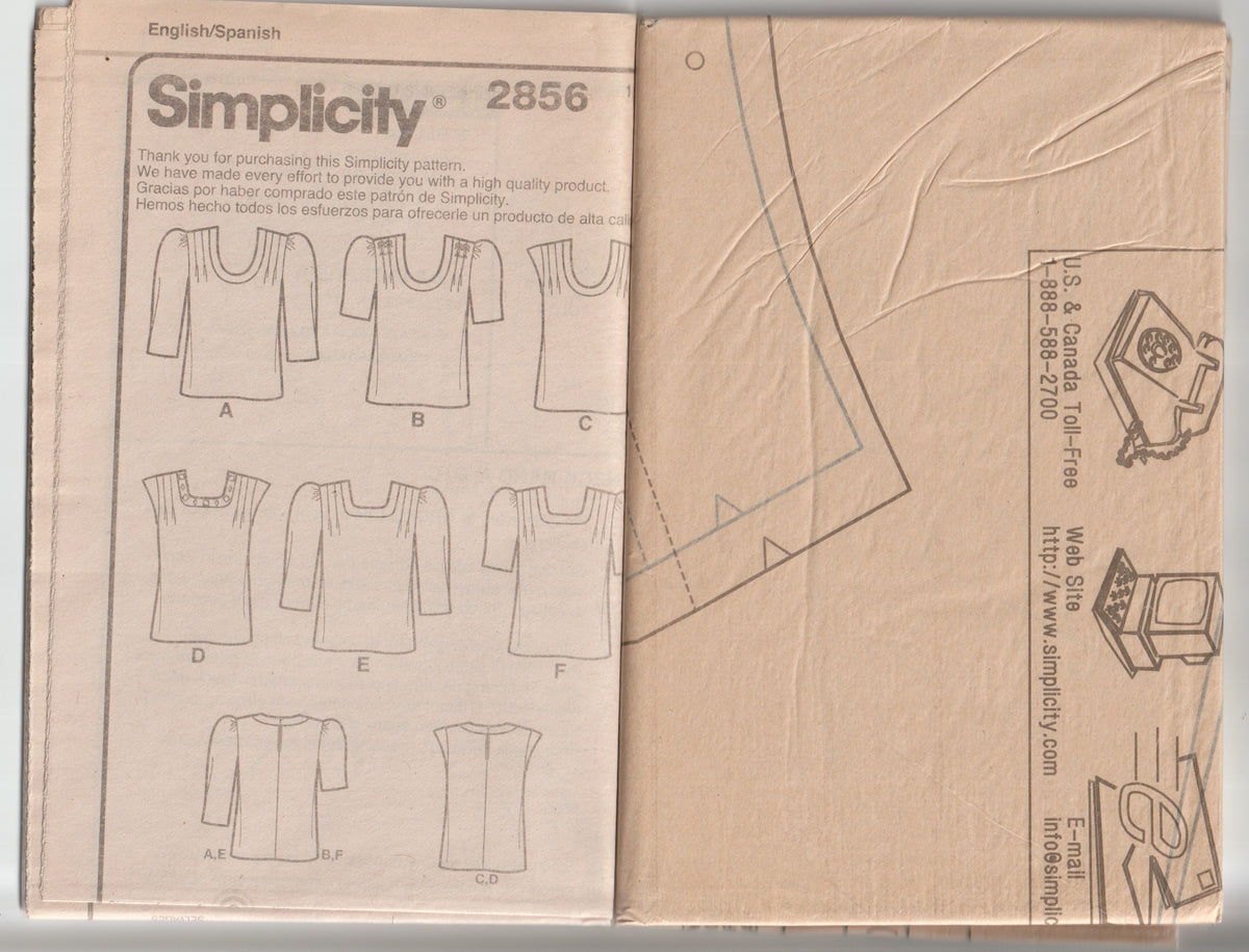 Simplicity 2856 Womens Shoulder Pleated Blouses Out Of Print Paper Sewing Pattern Size 16 - 24 UNCUT Factory Folded