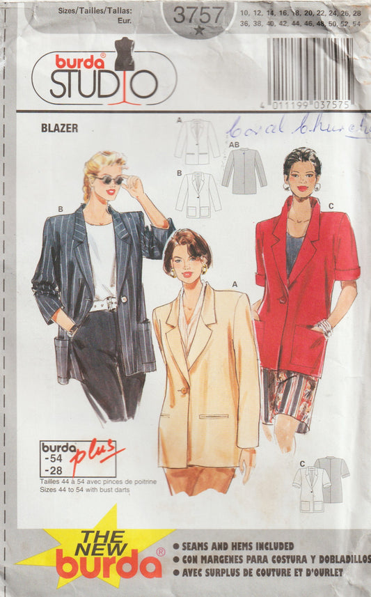 Burda Studio 3757 Womens Classic Blazer Jacket 1990s Vintage Paper Sewing Pattern Sizes 10 - 28 UNCUT Factory Folded