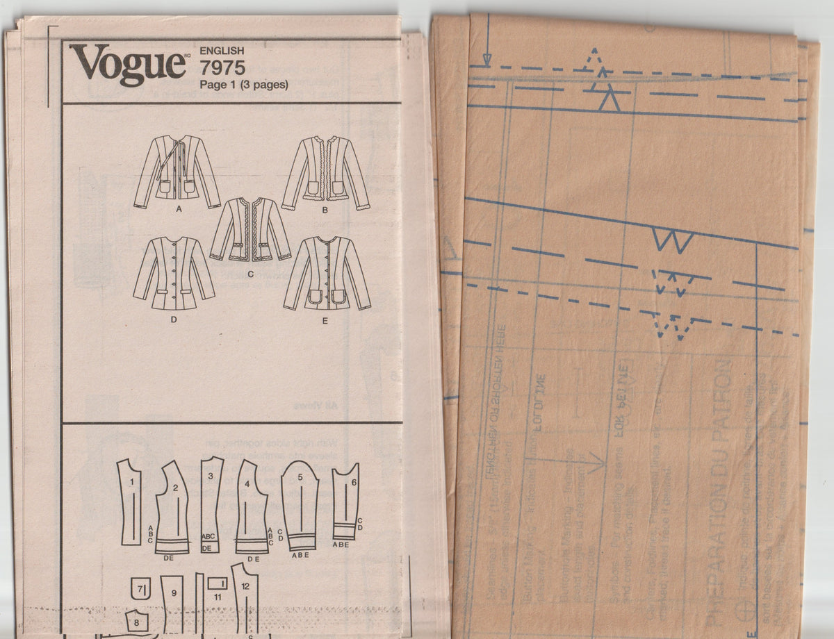 Vogue 7975 Womens Collarless Princess Seamed Lined Jacket Paper Sewing Pattern Size 18 - 22 UNCUT Factory Folded