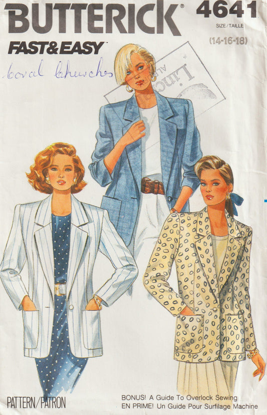 Butterick 4641 Womens Blazer Style Unlined Jacket 1980s Vintage Paper Sewing Pattern Size 14 - 18 UNCUT Factory Folded