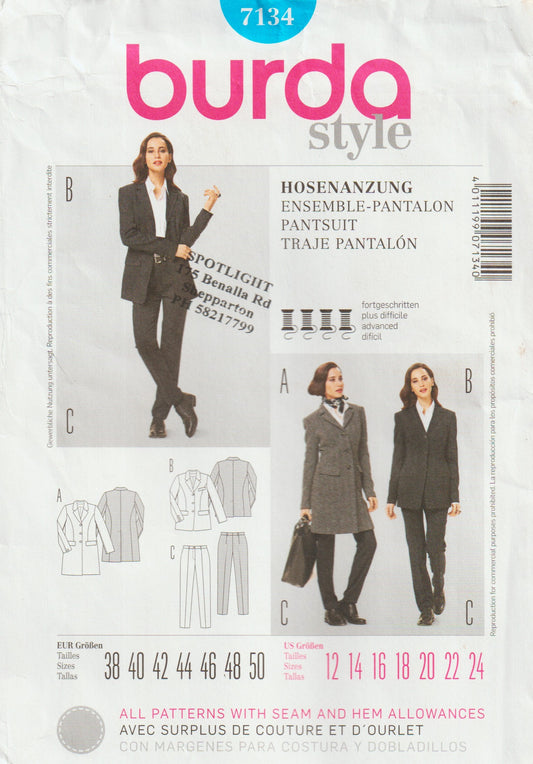 Burda Style 7134 Womens Pantsuit Out Of Print Paper Sewing Pattern Sizes 12 - 24 UNCUT Factory Folded
