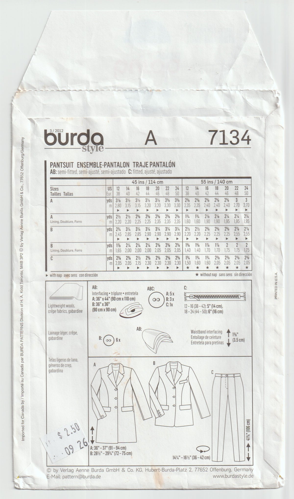Burda Style 7134 Womens Pantsuit Out Of Print Paper Sewing Pattern Sizes 12 - 24 UNCUT Factory Folded