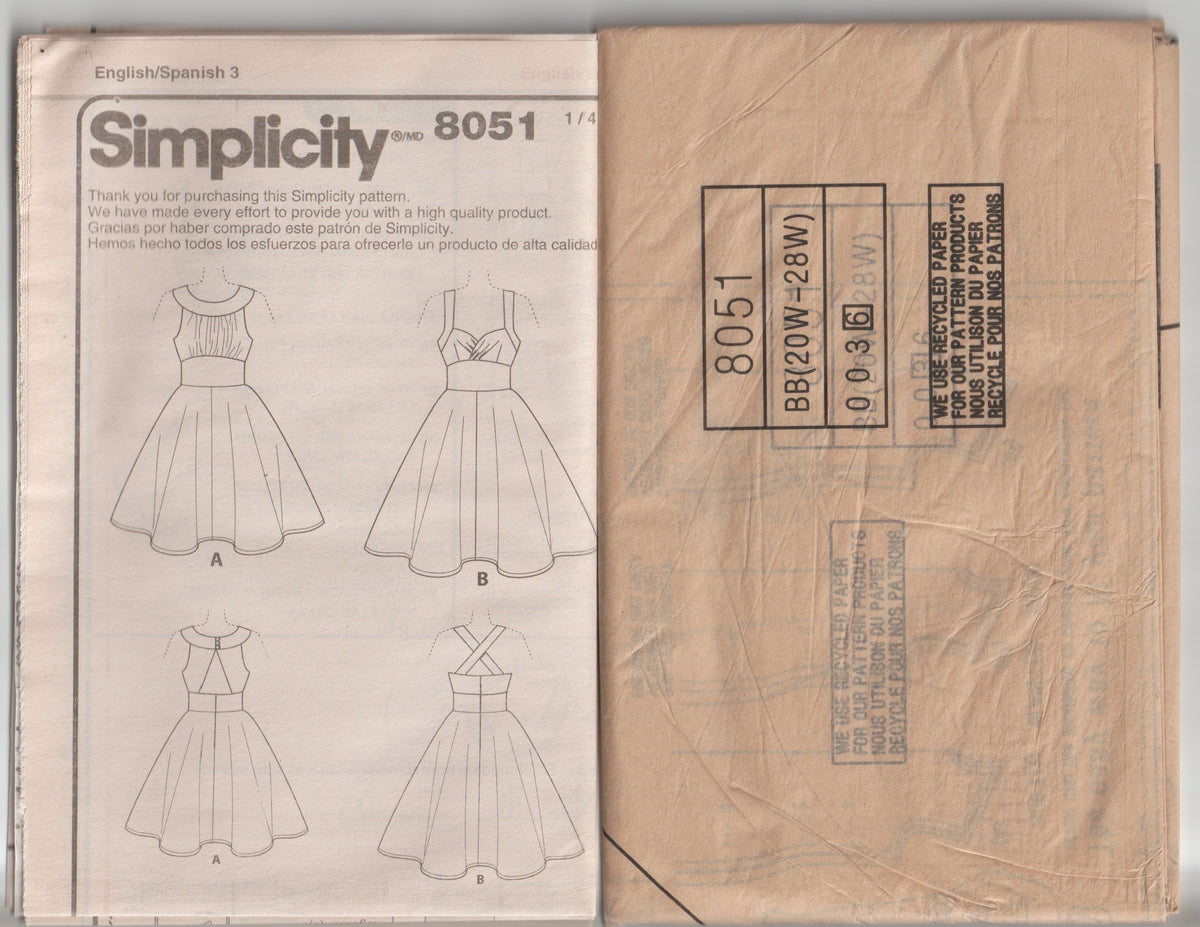 Simplicity 8051 Womens Rockabilly Style Full Skirt Dresses Out Of Print Paper Sewing Pattern Sizes 20W - 28W UNCUT Factory Folded
