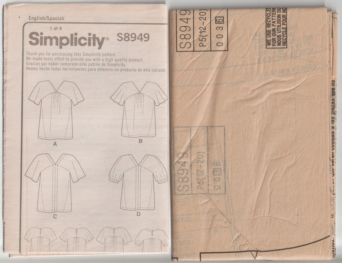 Simplicity 8949 Pullover Yoked Tops Out Of Print Paper Sewing Pattern Size 12 - 20 UNCUT Factory Folded