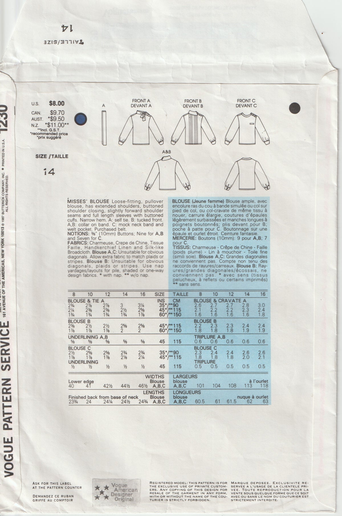 Vogue American Designer 1230 CALVIN KLEIN Womens Retro High Neck Blouses 1980s Vintage Paper Sewing Pattern Size 14 Bust 36 Inches