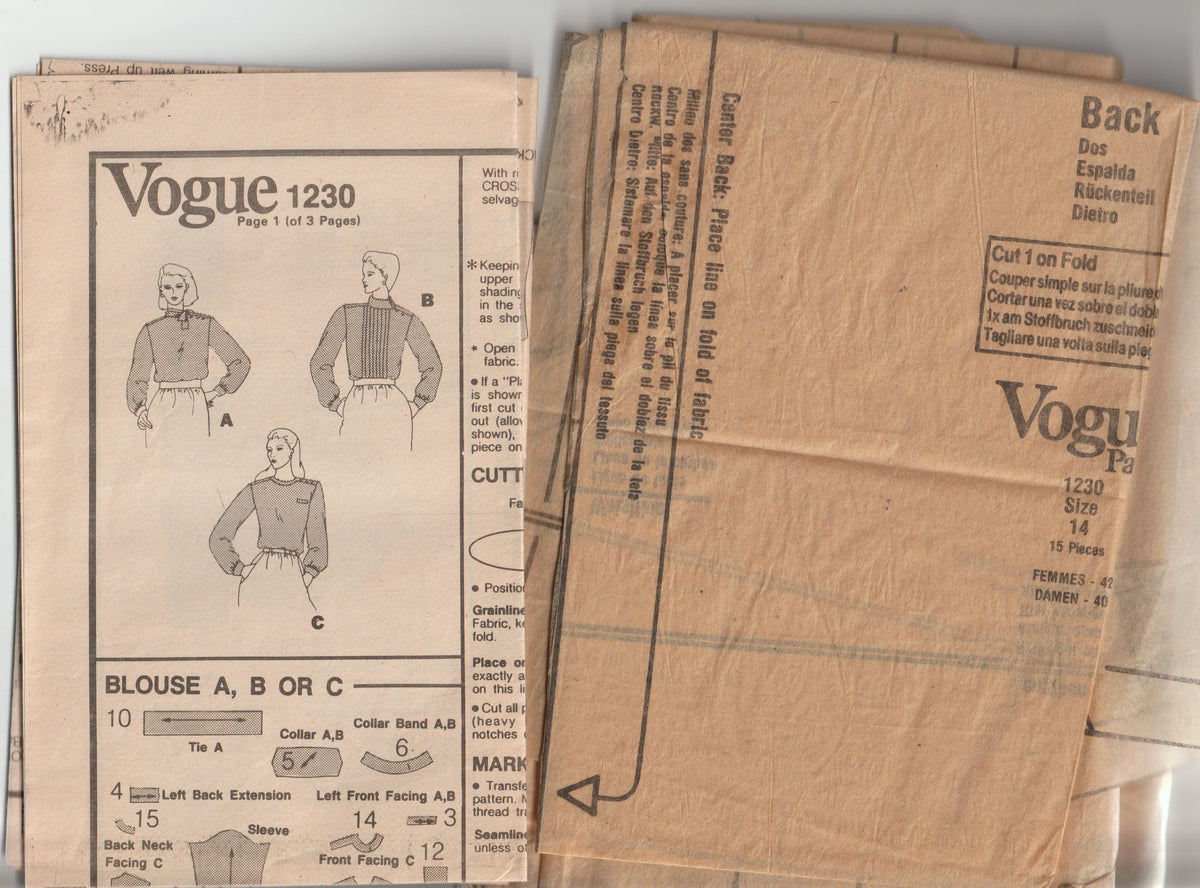 Vogue American Designer 1230 CALVIN KLEIN Womens Retro High Neck Blouses 1980s Vintage Paper Sewing Pattern Size 14 Bust 36 Inches