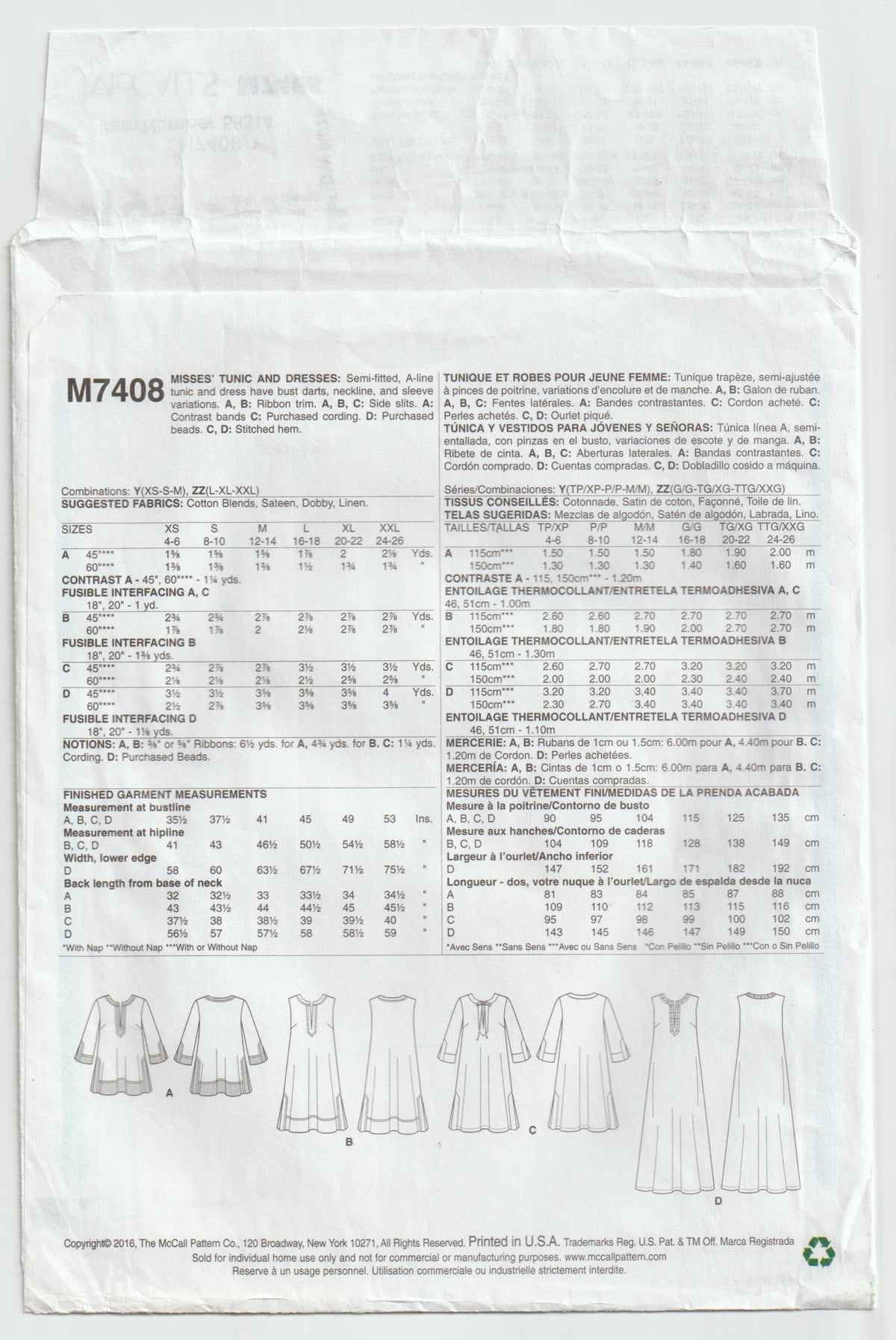 Patrón de costura agotado para vestido o top tipo caftán tipo jersey para mujer M7408 de McCall, tallas XS a XXL, sin cortar, doblado de fábrica