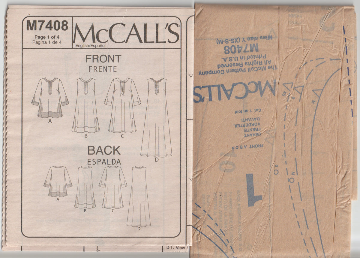 Patrón de costura agotado para vestido o top tipo caftán tipo jersey para mujer M7408 de McCall, tallas XS a XXL, sin cortar, doblado de fábrica